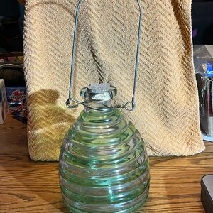Vintage Ribbed Glass Beehive Hanging Outdoor Wasp Insect Fly Trap Catcher Green